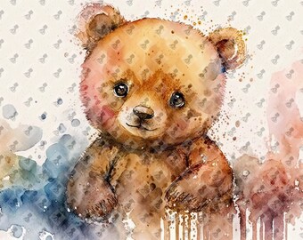 May include: A watercolor painting of a brown teddy bear with a sweet expression. The bear is surrounded by colorful watercolor splatters.