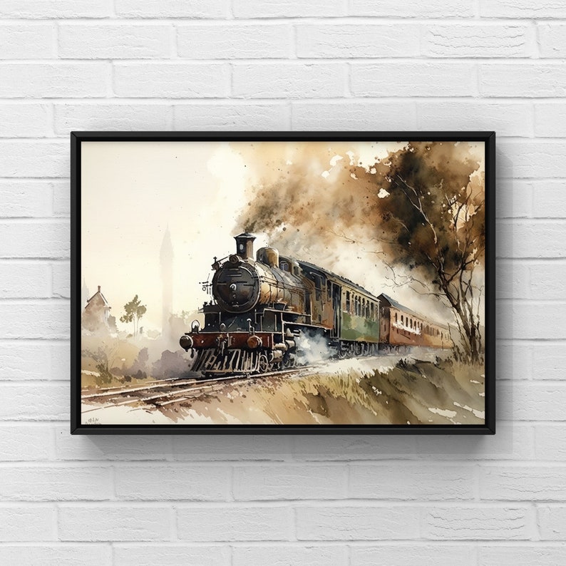 Classic Vintage Engine Water Color Design Wall Art Train