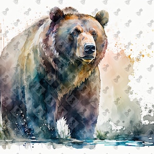 Grizzly Watercolor Digital Animal Prints | Instant Download Printable Art for Farmhouse or Rustic Decor | Wide Range of Animals and Sizes