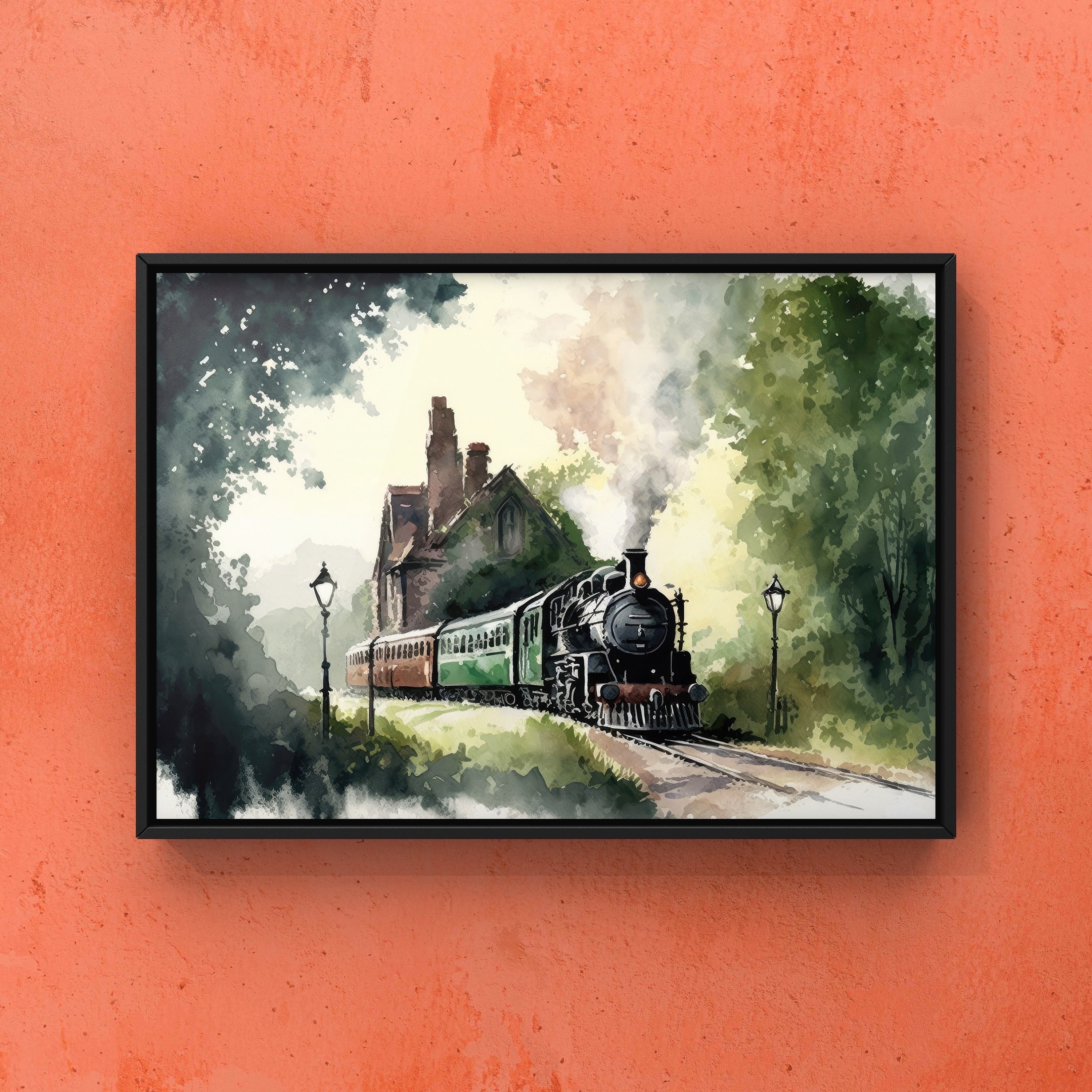 Vintage Train Engine - Water Color Design - Locomotive Wall Art - Train ...