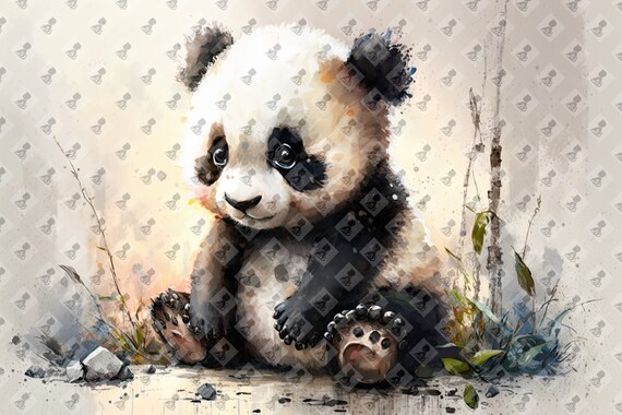 Cute Watercolor Baby Panda Digital Print Nursery Wall Art Decor