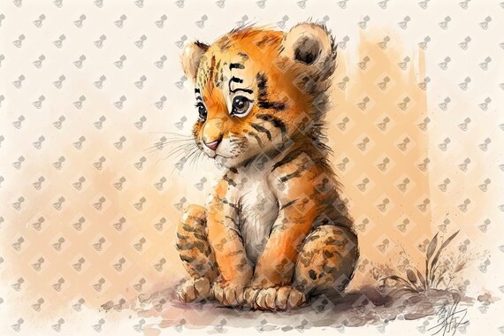 Cute Watercolor Baby Tiger Digital Print - Nursery Wall Art Decor - Instant Download Printable - Baby Shower Gift Idea - AI Art