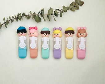 Set of 6 Adorable Doll Markers Mini Highlighters Kawaii Pastel Colors Cute Dolls Fun Pens School Supplies Stationery Chisel Tip