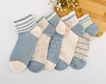 Socks 5 Pairs High Ankle Women's Socks Organic Cotton Cute Bear Blue Vibe Gift Socks Ruffle Women's Gift Kawaii Animals Fun Soft Cotton
