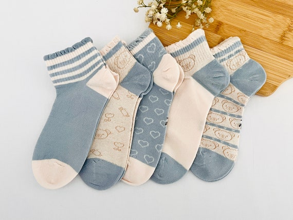 Socks 5 Pairs High Ankle Women's Socks Organic Cotton Cute Bear Blue Vibe  Gift Socks Ruffle Women's Gift Kawaii Animals Fun Soft Cotton 