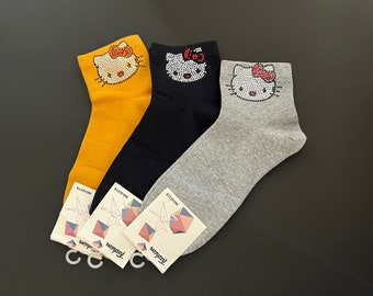 Hello Kitty Adult Socks Set of 3 Pairs One Size Soft Cotton Kawaii Sparkle Kitty Gift  95% Cotton Soft Stylish Breathable Lot of 3 Pairs