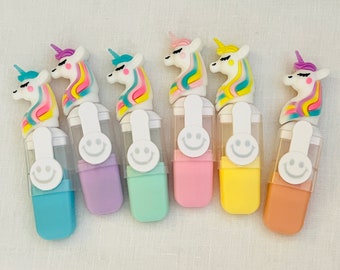 Set of 6 Adorable Unicorn Markers Mini Highlighters Kawaii Rainbow Pastel Colors Cute Dolls Fun Pens School Supplies Stationery Chisel Tip
