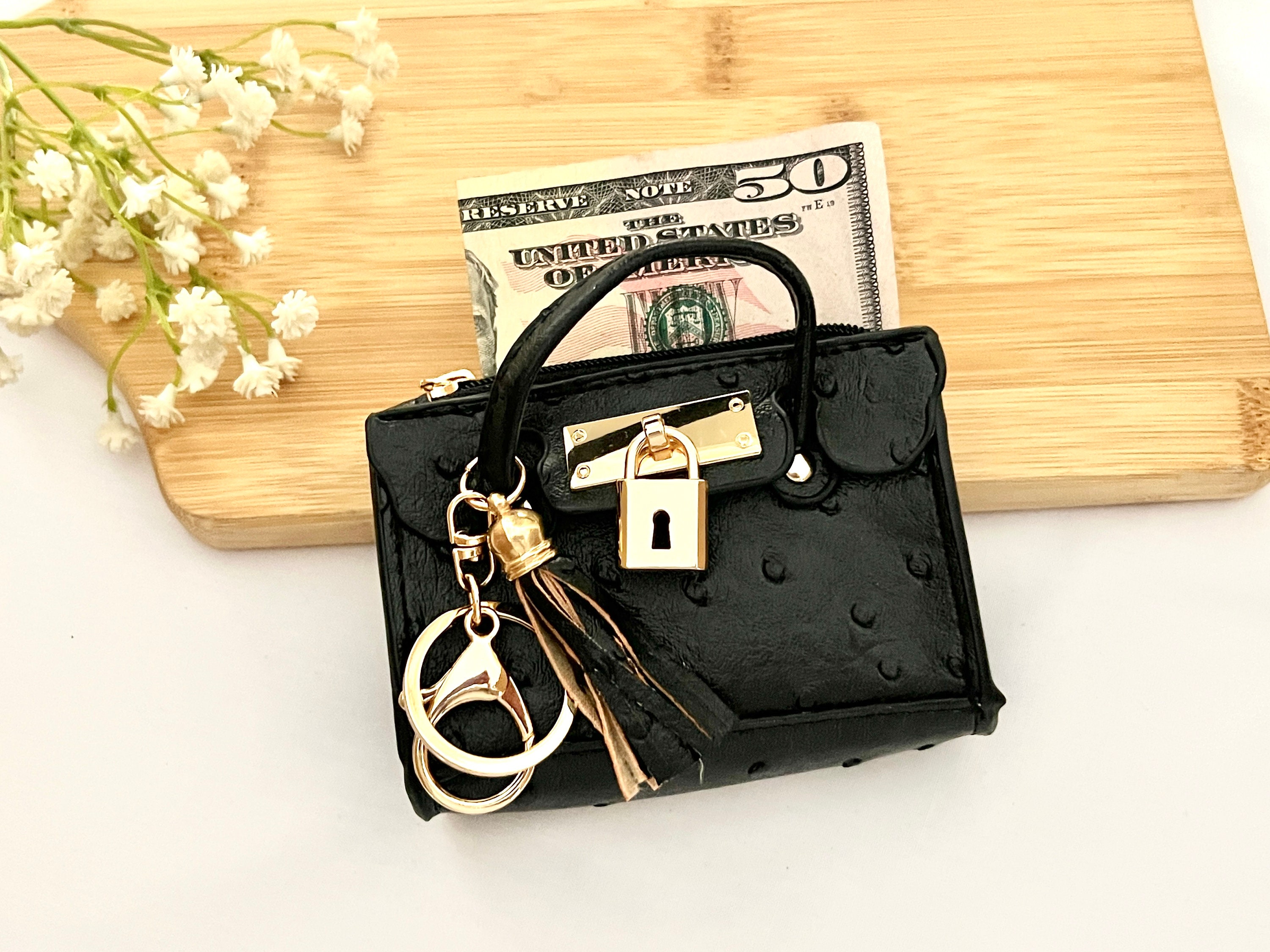 Very Small Key Chain Example Purse Charm Key Chain Mini Bag for Cash Black Coin Pouch Vegan Leather ...
