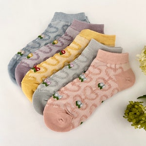 Retro Socks 5 Pairs Ankle Vintage Heart Women Socks Organic Cotton Fun Colors Women&#39;s Gift Set Socks Comfortable Soft Stylish and Breathable