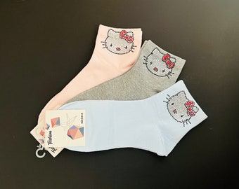 Hello Kitty|Adult Socks Set of 3 Pairs Very Soft Cotton Kawaii Sparkle Kitty Gift Set Fun 95% Cotton Soft Stylish Breathable Lot of 3 Pairs