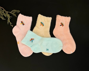 Dragon Fly Socks 4 Pairs Infants Toddlers Kids Girls Socks Cute Soft Cotton Breathable 3-5 Size Gift Adorable Kawaii Cute Soft Colors