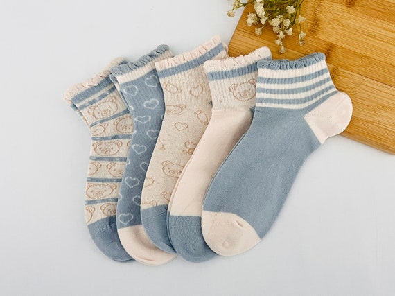 Socks 5 Pairs High Ankle Women's Socks Organic Cotton Cute Bear Blue Vibe Gift Socks Ruffle Women's Gift Kawaii Animals Fun Soft Cotton
