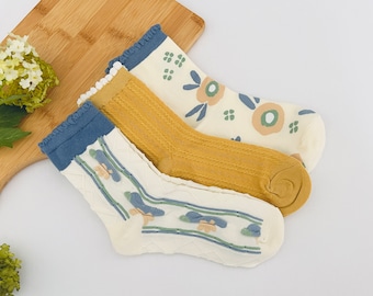 3 Pairs Socks Retro Vibe Organic Cotton Vintage Style  Women's Gift Set Socks Comfortable, Soft, Stylish and Breathable Cottagecore Set