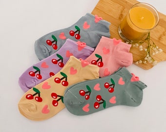 5 Pairs of Socks Cherry Retro Vintage Style Women Socks Cotton Fun  Colors Women's Gift Set Socks Comfortable Soft Breathable Novelty