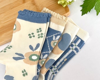 Socks 4 Pairs Organic Cotton Vintage Retro Vibe Blue Women's Gift Set Socks Comfortable, Soft, Stylish and Breathable Cottagecore Set