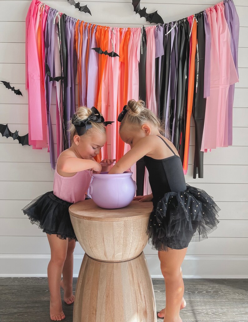 May include: Two girls dressed in black and pink tutus are standing in front of a wall decorated with colourful streamers and bats. They are holding a purple cauldron and looking at it.