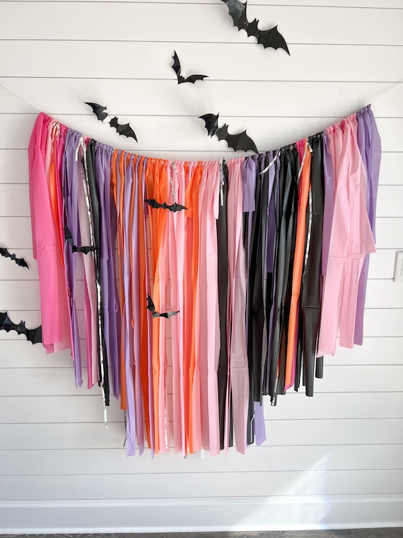 Girly Halloween Fringe Backdrop, Pink, Orange, Lavender with Silver Accents