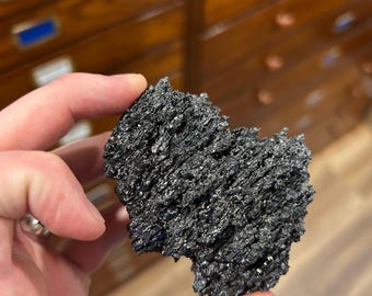 May include: A dark gray, textured mineral specimen held between fingers. The mineral has a rough, crystalline appearance with a slightly reflective surface. The background features wooden drawers.