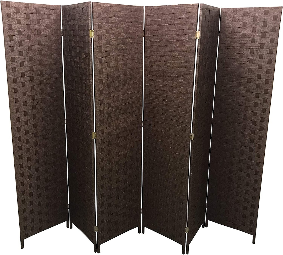 Dark Brown 6 Panel Solid Style Wicker Room Divider Privacy Screen