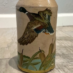1880 Stoneware Bottle with Hand Painted Duck in Flight Hunting Scene