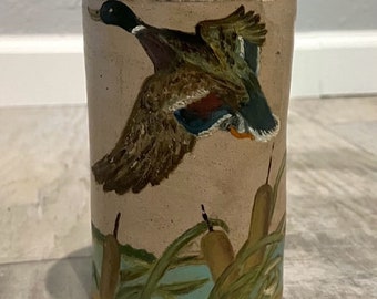1880 Stoneware Bottle with Hand Painted Duck in Flight Hunting Scene