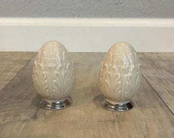 Vintage Beige Lenox Salt and Pepper Shakers with Silver Trim