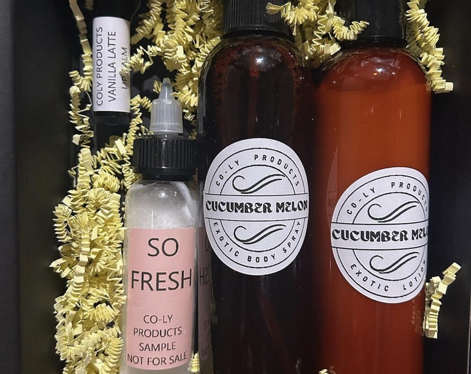 Cucumber Melon Gift box set. Lotion and body spray with bonus lip balm plus free sample of scented lotion.