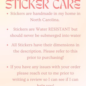 May include: Text on a pink background that reads "STICKER CARS".  The text below explains that the stickers are handmade in North Carolina, water resistant, and have dimensions listed in the description.  It also states that if you have any issues with your order, please reach out to the seller before writing a review.