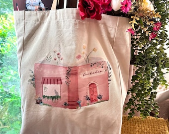 Bookstore Canvas Tote Bag: Faux Leather Handles, Large Pocket