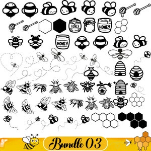 May include: A black and white digital clipart bundle of bee illustrations. The bundle includes bees, honey pots, honeycombs, and beehives. The text "Bundle 03" is at the bottom of the image.