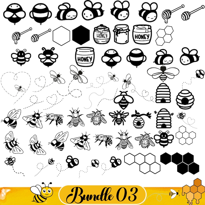 May include: A black and white digital clipart bundle of bee illustrations. The bundle includes bees, honey pots, honeycombs, and beehives. The text "Bundle 03" is at the bottom of the image.