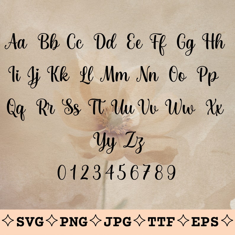 May include: A handwritten alphabet in black ink on a beige background with a flower in the background. The alphabet includes uppercase and lowercase letters, as well as numbers 0-9. The text "SVG PNG JPG TTF EPS" is at the bottom of the image.