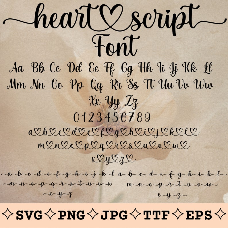 May include: A font alphabet with the words "heart script font" at the top. The font is a cursive script style with hearts incorporated into the letters. The alphabet includes uppercase and lowercase letters, numbers, and punctuation marks.