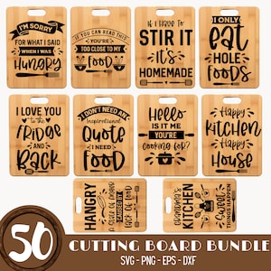 May include: A set of 10 wood cutting boards with various kitchen-themed sayings. The sayings include "I'm sorry for what I said when I was hungry", "If you can read this you're too close to my food", "I have to stir it, it's homemade", "I only eat hole foods", "I love you to the fridge and back", "I don't need an inspirational quote I need food", "Hello is it me you're cooking for?", "Happy kitchen happy house", "Hangry, a state of anger caused by lack of food", and "Grandma's kitchen where sweet things happen".