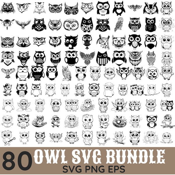 Hibou Svg Bundle, 80 dessins de hibou, Clipart, hibou Png, hibou Floral Svg, vecteur de hibou, hibou Zentangle Svg, hibou Mandala SVG fichier de coupe de hibou, hibou découpé au laser