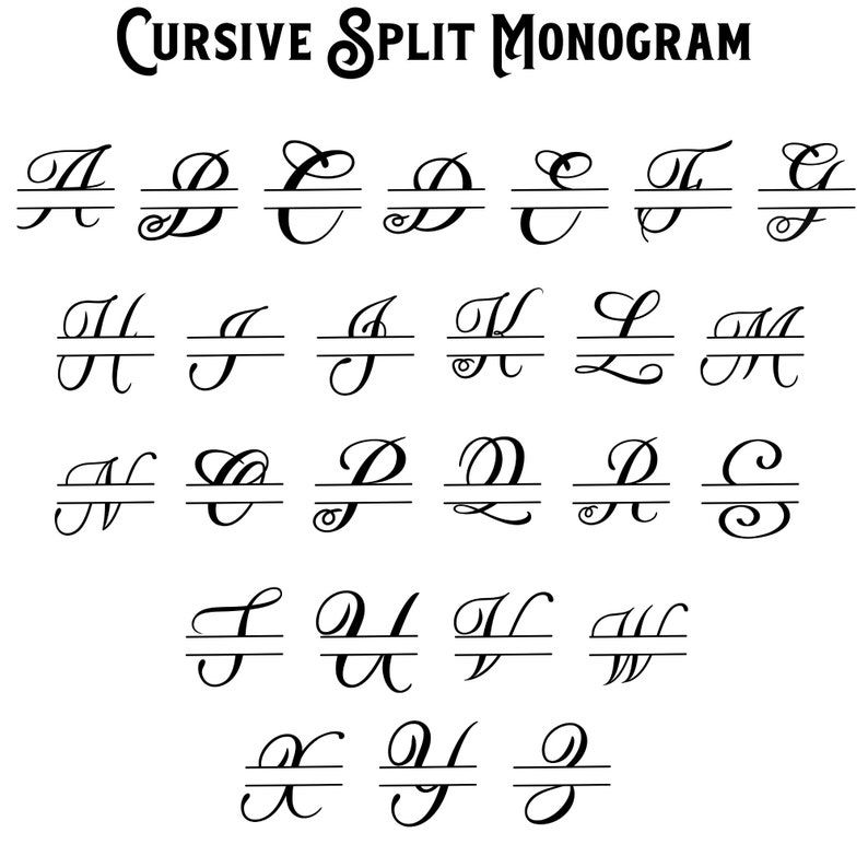 K&ouml;nnte beinhalten: Eine Grafik, die das Alphabet in kursiver Schrift mit einer Linie durch die Mitte jedes Buchstabens zeigt. Die Buchstaben werden durch die Linie in zwei H&auml;lften geteilt, wodurch ein geteilter Monogrammeffekt entsteht. Die Buchstaben sind in Schwarz auf wei&szlig;em Hintergrund.