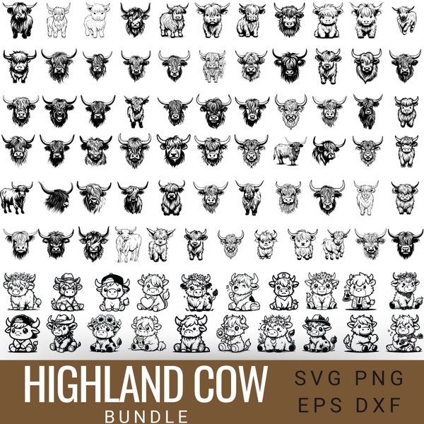 Highland Cow Bundle Svg, 80 ontwerpen Highland Cow, Highland Cow png Koe Svg, Baby Cute Cow Svg, Highland Cow Sublimatie, Cricut Cut File
