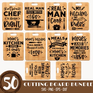 May include: A set of 10 cutting boards with various kitchen-themed sayings. The boards are made of natural bamboo and feature black text and graphics. The sayings include "The Chef is Always Right", "Real Man Play With Fire", "Real Man Cook", "My Kitchen My Rules", "Mom's Kitchen Open 24 Hours", "Mom's Kitchen All Food Chopped With Love", "Meals and Memories Are Made in Mom's Kitchen", "Meals and Memories Are Made Here", "Many Have Eaten Here Few Have Died", and "Mama's Kitchen".