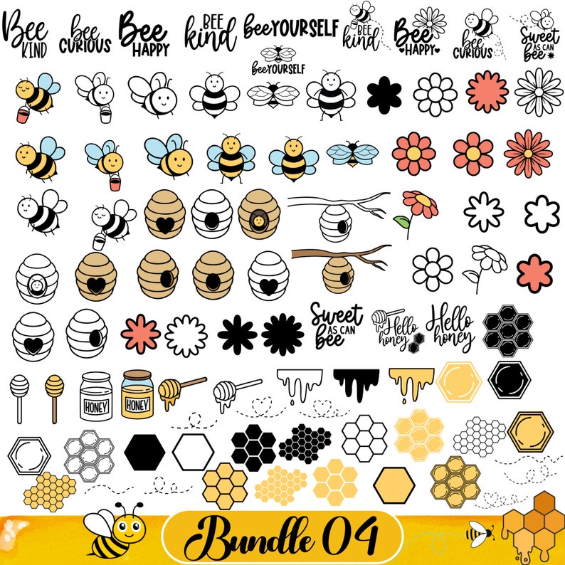 May include: A digital clipart bundle featuring bee-themed illustrations. The bundle includes bees, honeycombs, flowers, jars of honey, and text phrases like "Bee Kind" and "Sweet as can Bee".