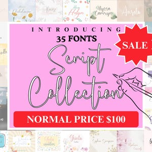 Könnte beinhalten: Ein rosa Grafik, die eine Schriftartensammlung bewirbt. Der Text lautet "Introducing 35 Fonts Script Collection" mit einer Handillustration. Ein roter Stern zeigt "SALE". Verschiedene Schriftbeispiele umgeben den zentralen Text.