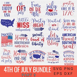 May include: A set of 12 digital designs for 4th of July, featuring red, white, and blue text and graphics. The designs include phrases like "Happy Birthday America", "Sweet Land of Liberty", and "Let Freedom Bling".