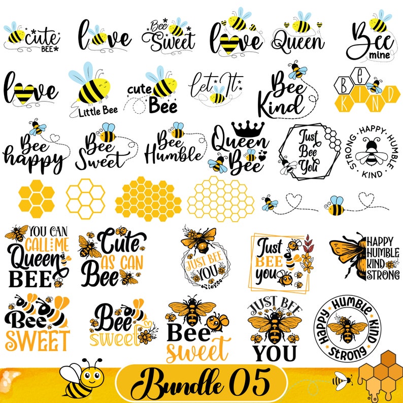 May include: A set of 20 bee-themed digital designs featuring various bee illustrations and text phrases such as "Bee Sweet", "Bee Kind", "Queen Bee", and "Just Bee You". The designs are ideal for crafting projects, scrapbooking, and creating personalised gifts.