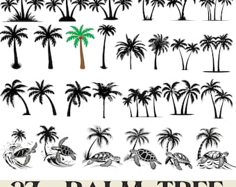 Paquete SVG de palmera, 27 diseños SVG Palmera PNG, dxf eps, Palmera Tortuga marina svg, Árbol tropical svg, árbol svg, Palmera Silueta svg