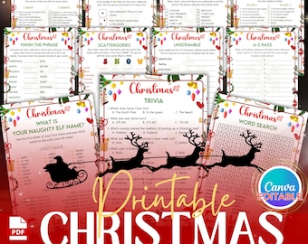 Utskrivbart julspelpaket PDF Canva redigerbart, julfestspel, julspel, julfamiljespel, jultrivia