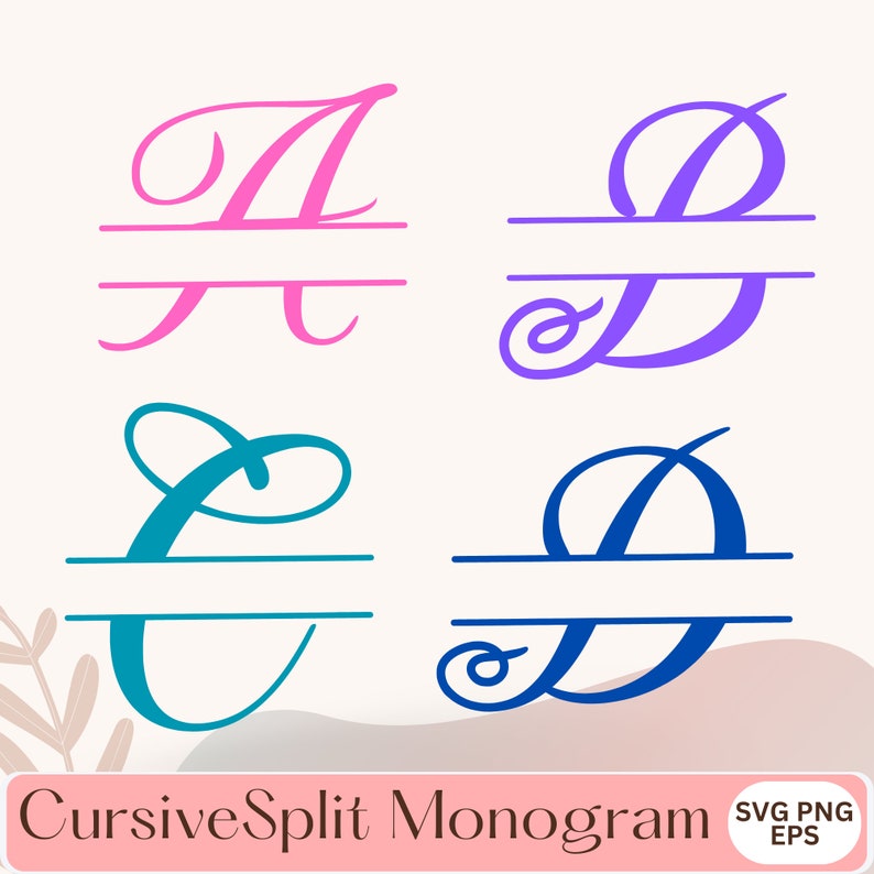 K&ouml;nnte beinhalten: Vier kursive geteilte Monogramm-Buchstaben in verschiedenen Farben: rosa, lila, t&uuml;rkis und blau. Die Buchstaben sind A, D, C und D. Die Buchstaben sind mit einer horizontalen Linie in der Mitte halbiert. Die Buchstaben sind in einer kursiven Schriftart. Der Text "Cursive Split Monogram" befindet sich am unteren Rand des Bildes. Der Text "SVG PNG EPS" befindet sich in der unteren rechten Ecke des Bildes.