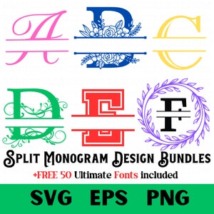 Paquetes SVG de monograma dividido, monograma dividido floral, monograma dividido universitario, monograma dividido de flores, monograma dividido de corona, división moderna, fuente