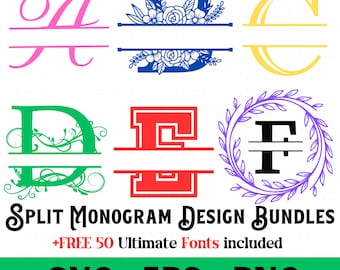 Split Monogram SVG Bundles, Floral Split Monogram, Varsity Split monogram, Flower Split Monogram, Wreath split monogram, Modern Split, font