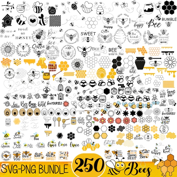 Bee Svg Bundle, Bee Hive Svg, Bee Png, Honeycomb Svg, Bee Clipart, Queen Bee Svg, Honey Bee Svg, Cute Bee Svg, 250 Cliparts