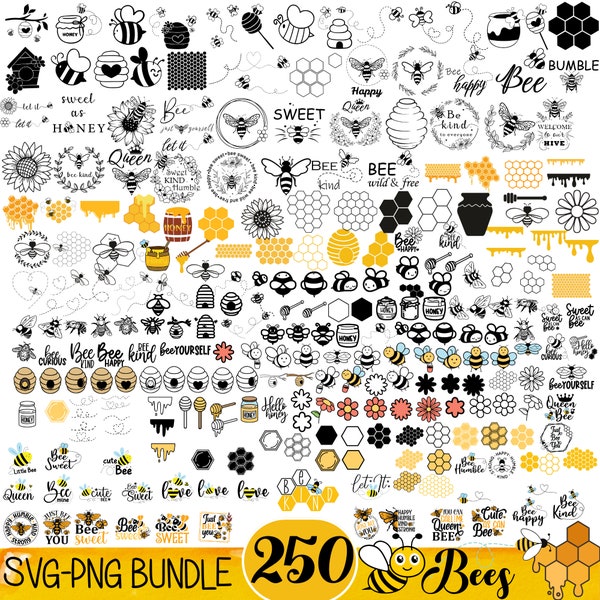 Bienen-Svg-Bundle, Bienenstock-Svg, Biene Png, Waben-Svg, Bienen-Clipart, Bienenkönigin-Svg, Honigbiene-Svg, Süße Biene-Svg, 250 Cliparts