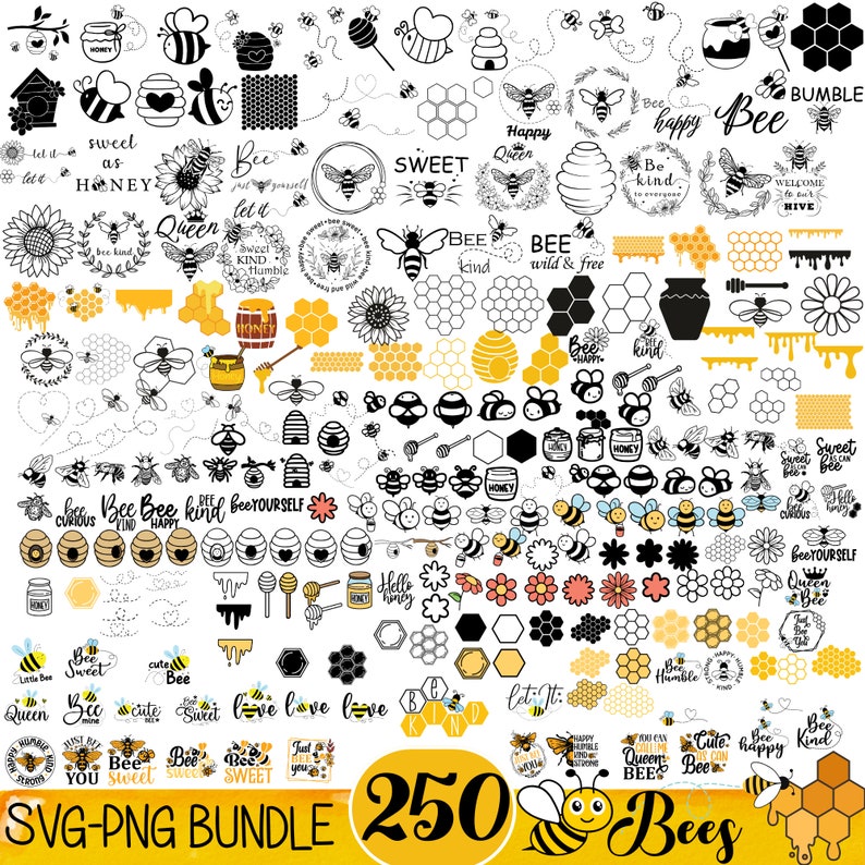 May include: A digital download of 250 bee-themed SVG and PNG files. The image shows a variety of bee designs, including bees with wings, honeycombs, flowers, and text such as "Bee Kind" and "Sweet Bee".